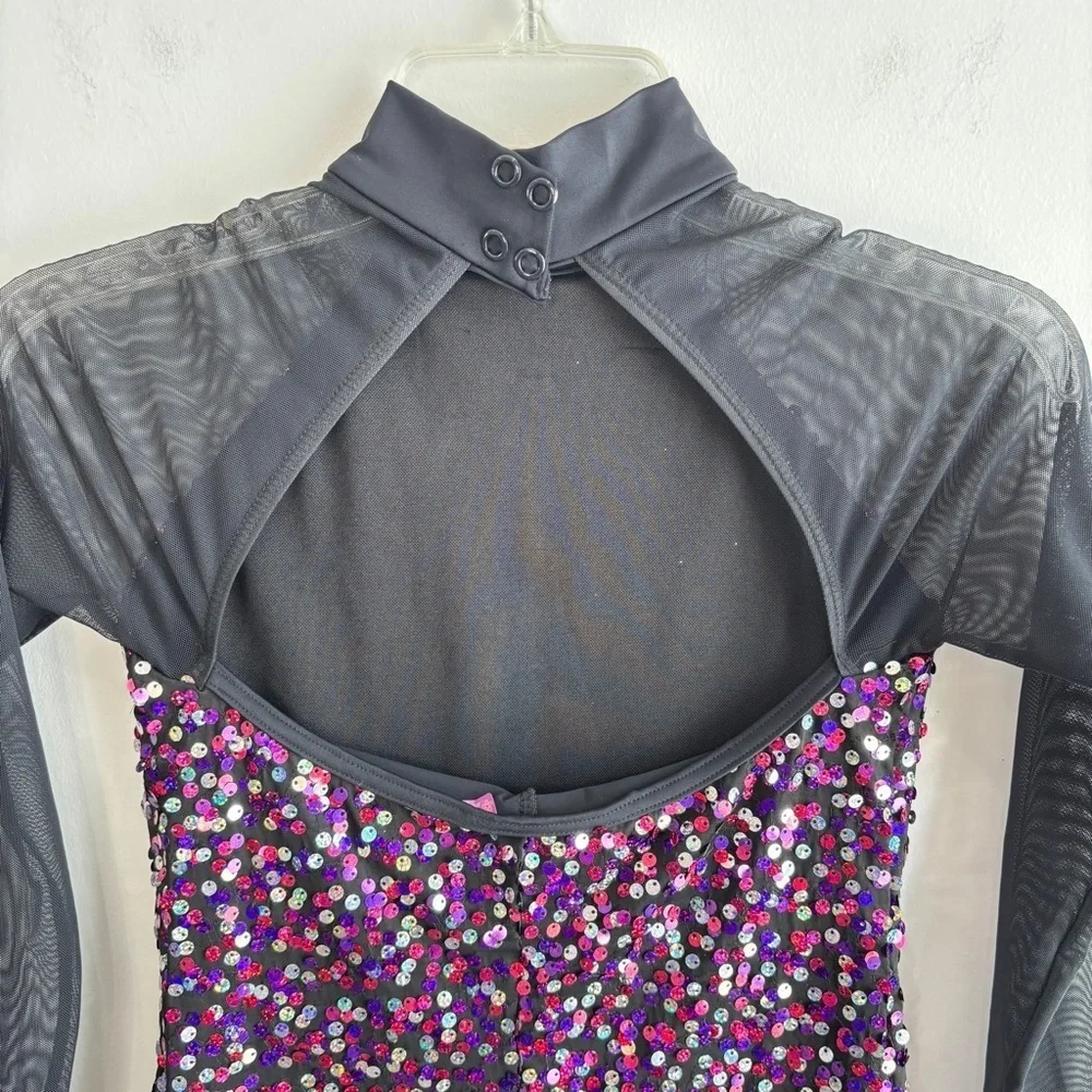 Balera Dance Skating Dress Costume size LC Black Colorful Confetti Sequin Mesh